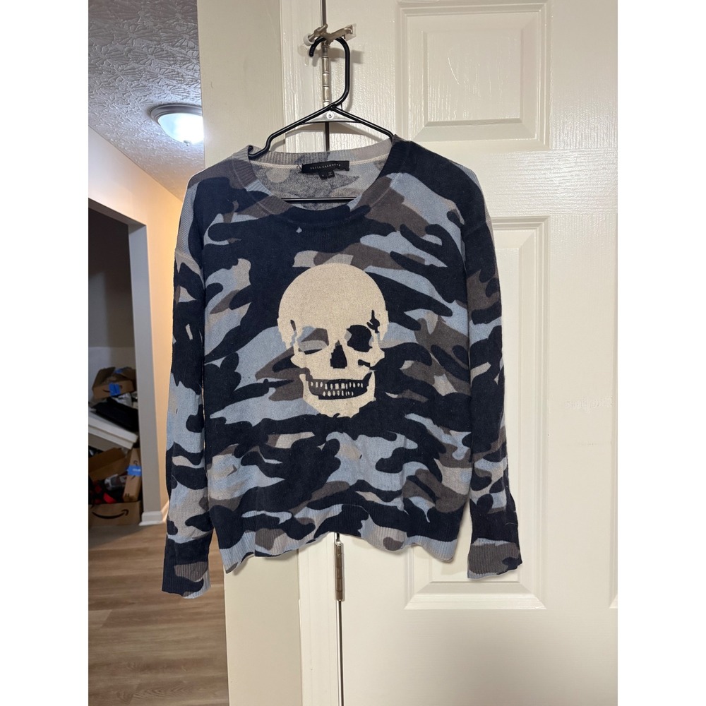 Skull Cashmere Blue Camo Skull Graphic 100% Cashmere Crewneck Sweater Womens S